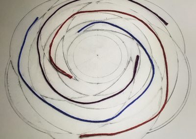 Three threads show the three inhernet spirals in the design