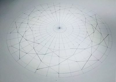 This is the 'bones' of the geometry of this formation. The circle is divided in to 36 sections and 27 crosses are added that will eventually define the star shapes.
